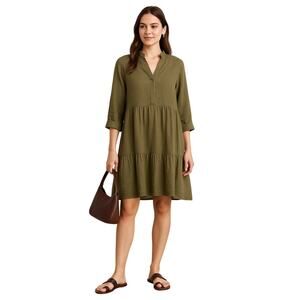 NWT Bellambra Italy Linen Dress M Olive Babydoll Tiered Roll Tab Oversized